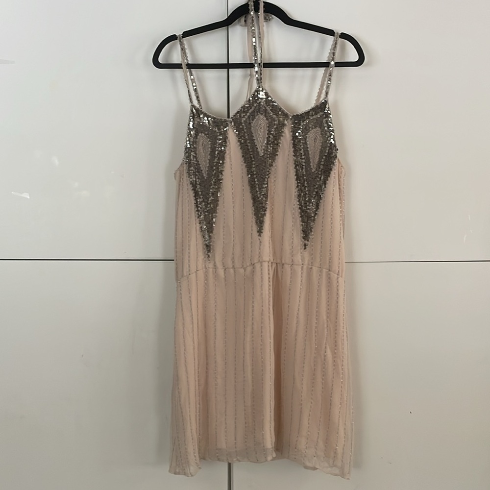 Parker art deco style Women's Sequined Beaded blush silk dresss NWT